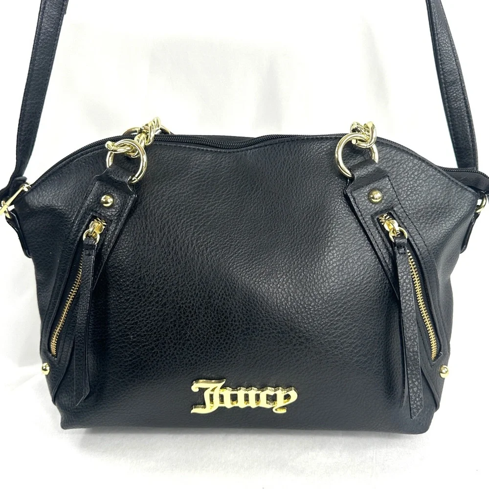 Juicy Couture Black Faux Leather Medium Shoulder Bag Goldtone Chain Strap - Picture 5 of 12